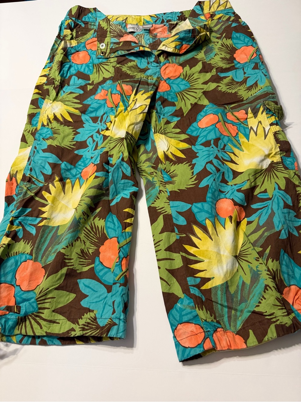Chico's Brown Tropical Floral Cargo Shorts with Blue, Green & Orange Accents